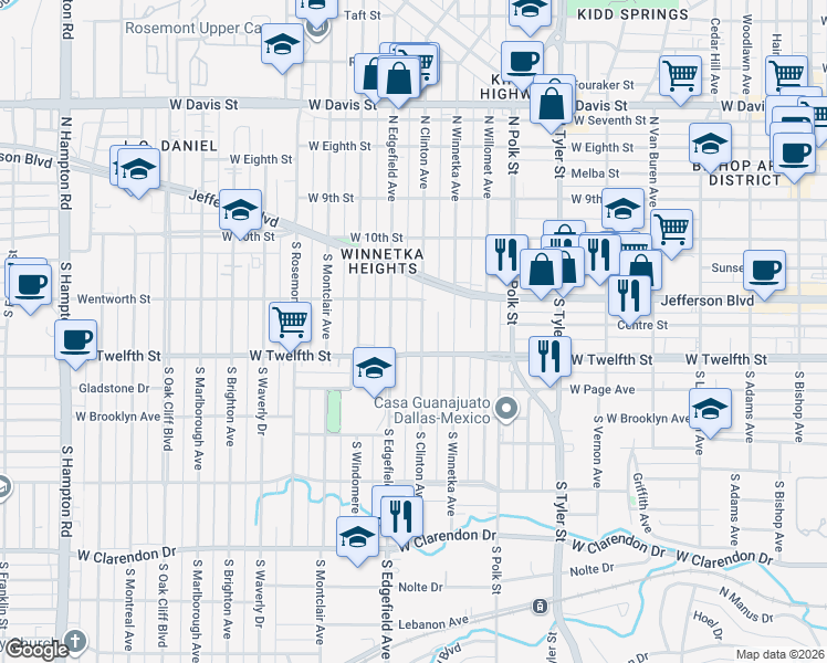 map of restaurants, bars, coffee shops, grocery stores, and more near 409 South Clinton Avenue in Dallas