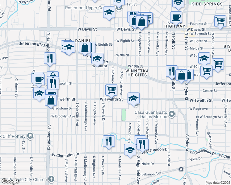 map of restaurants, bars, coffee shops, grocery stores, and more near 328 South Rosemont Avenue in Dallas