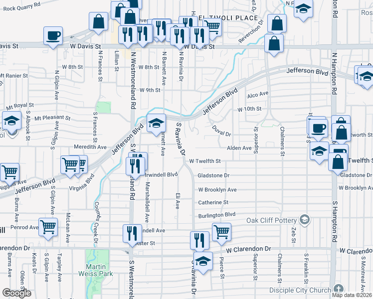 map of restaurants, bars, coffee shops, grocery stores, and more near 419s South Ravinia Drive in Dallas