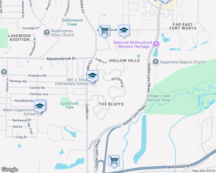 map of restaurants, bars, coffee shops, grocery stores, and more near 2629 Big Spring Drive in Fort Worth