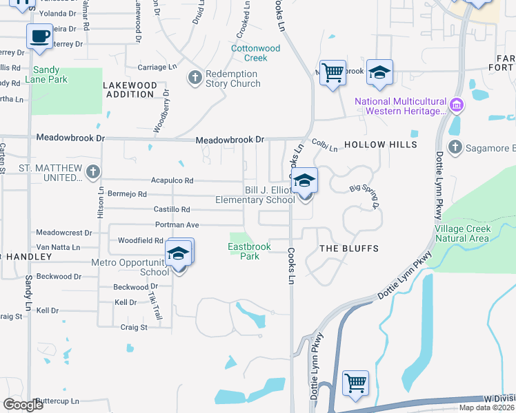 map of restaurants, bars, coffee shops, grocery stores, and more near 2640 Castanada Circle in Fort Worth