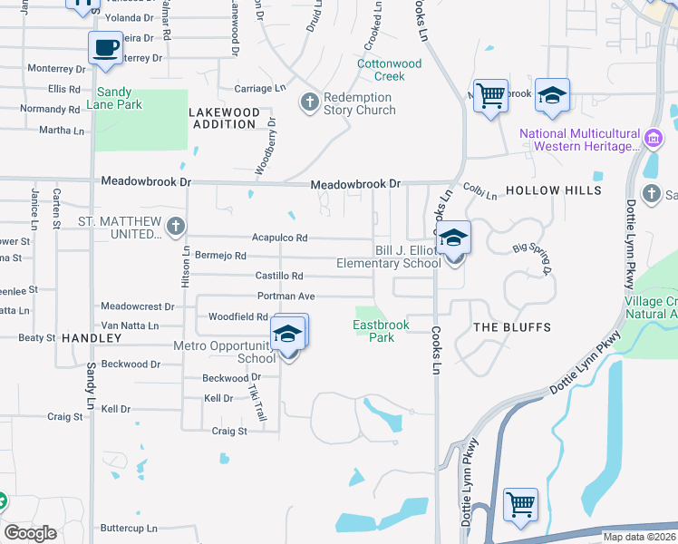 map of restaurants, bars, coffee shops, grocery stores, and more near 7821 Castillo Road in Fort Worth