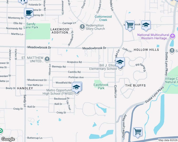 map of restaurants, bars, coffee shops, grocery stores, and more near 7729 Castillo Road in Fort Worth