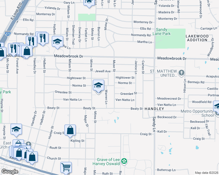map of restaurants, bars, coffee shops, grocery stores, and more near 7132 Norma Street in Fort Worth