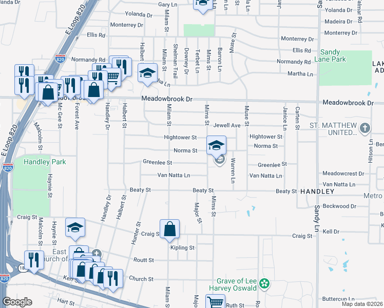 map of restaurants, bars, coffee shops, grocery stores, and more near 7004 Norma Street in Fort Worth