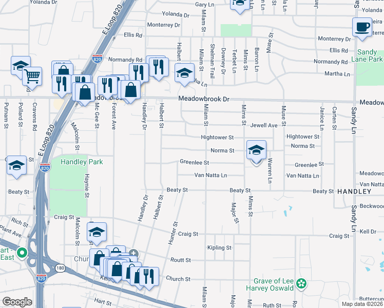 map of restaurants, bars, coffee shops, grocery stores, and more near 6828 Norma Street in Fort Worth