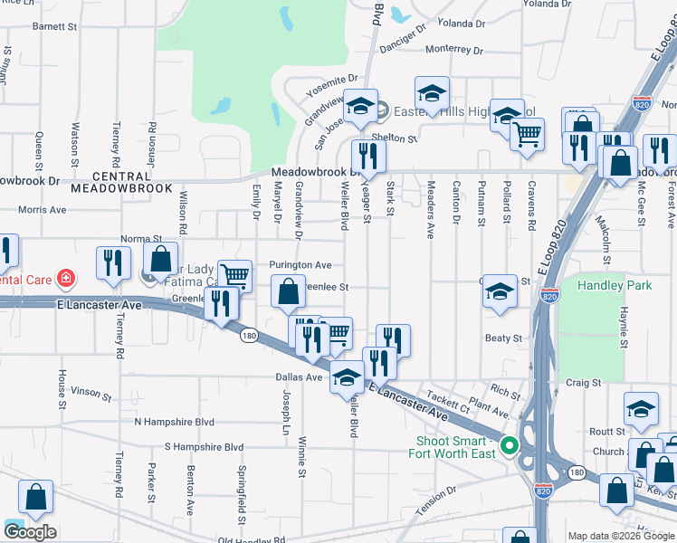 map of restaurants, bars, coffee shops, grocery stores, and more near 2612 Weiler Boulevard in Fort Worth
