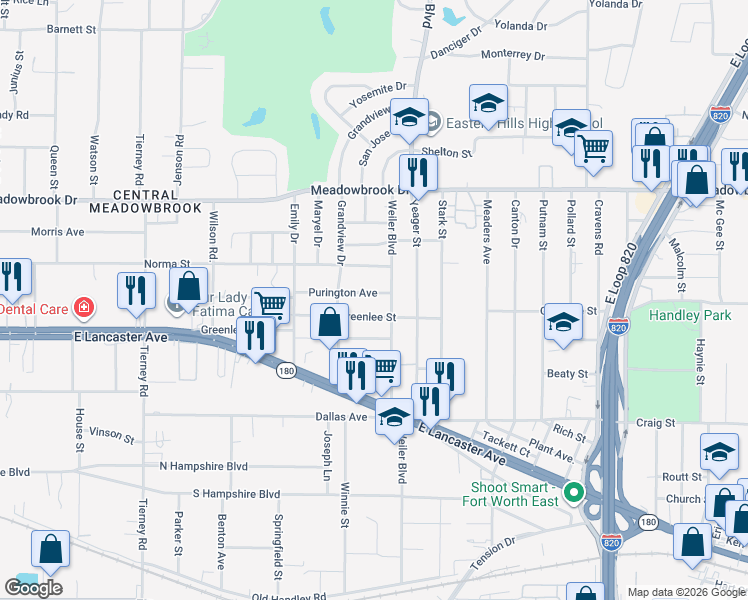 map of restaurants, bars, coffee shops, grocery stores, and more near 2612 Weiler Boulevard in Fort Worth