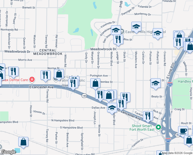 map of restaurants, bars, coffee shops, grocery stores, and more near 5428 Purington Avenue in Fort Worth