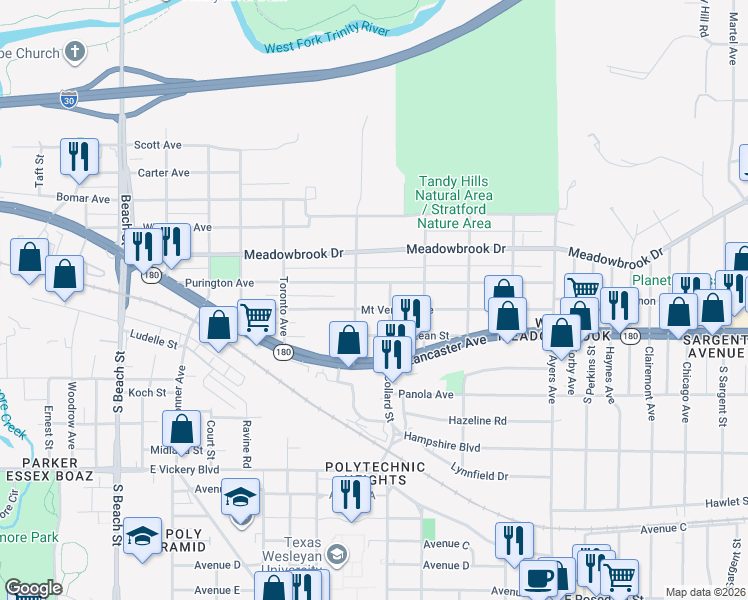 map of restaurants, bars, coffee shops, grocery stores, and more near 3223 Mount Vernon Avenue in Fort Worth