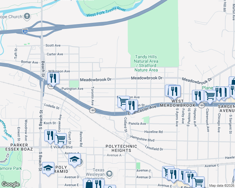 map of restaurants, bars, coffee shops, grocery stores, and more near 3137 Mount Vernon Avenue in Fort Worth