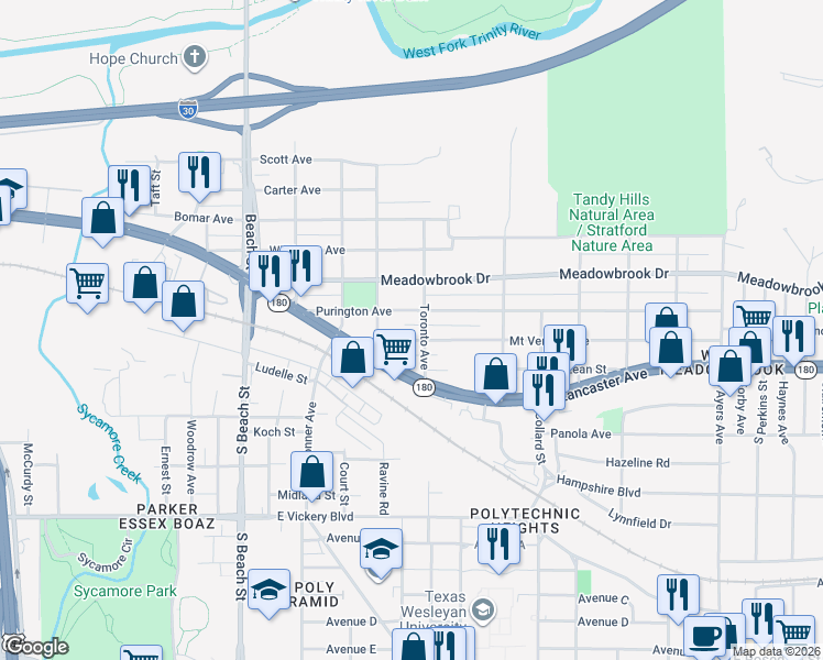 map of restaurants, bars, coffee shops, grocery stores, and more near 2937 Mount Vernon Avenue in Fort Worth