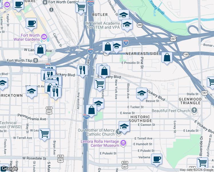 map of restaurants, bars, coffee shops, grocery stores, and more near 211 South Williams Street in Fort Worth
