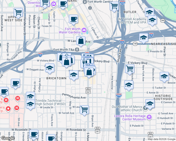 map of restaurants, bars, coffee shops, grocery stores, and more near 215/219 South Main Street in Fort Worth