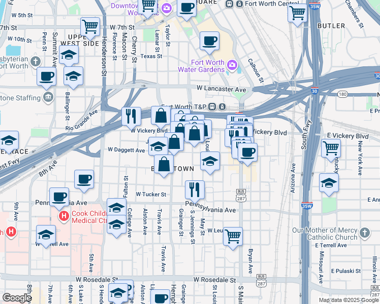 map of restaurants, bars, coffee shops, grocery stores, and more near 511 West Daggett Avenue in Fort Worth