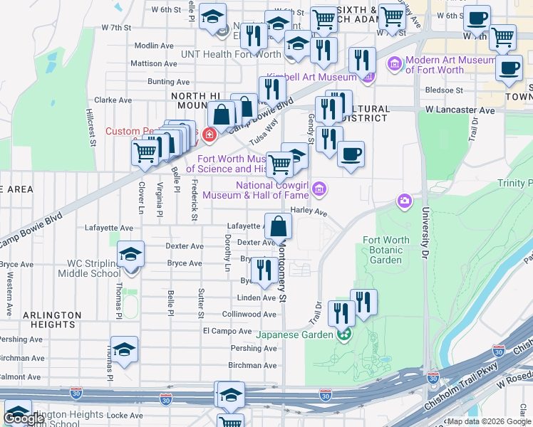 map of restaurants, bars, coffee shops, grocery stores, and more near 3621 Harley Avenue in Fort Worth