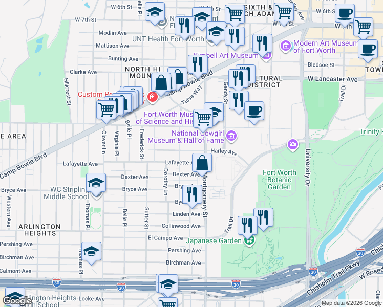 map of restaurants, bars, coffee shops, grocery stores, and more near 3621 Harley Avenue in Fort Worth