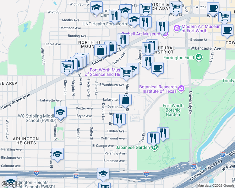 map of restaurants, bars, coffee shops, grocery stores, and more near 3621 Harley Avenue in Fort Worth