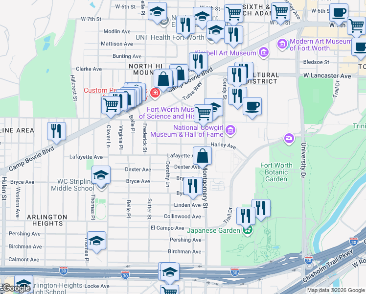 map of restaurants, bars, coffee shops, grocery stores, and more near 3705 Harley Avenue in Fort Worth
