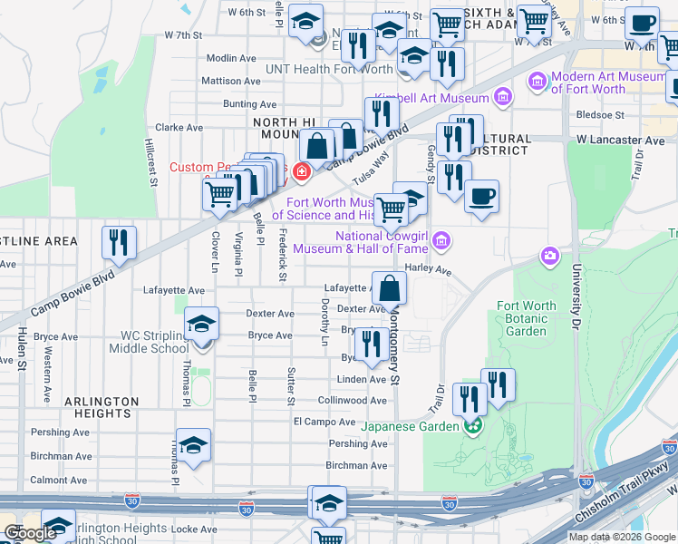 map of restaurants, bars, coffee shops, grocery stores, and more near 3705 Harley Avenue in Fort Worth