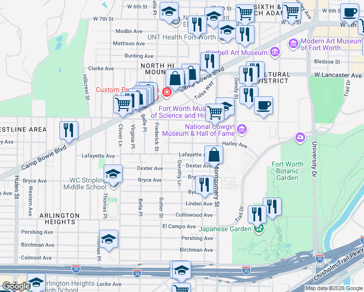 map of restaurants, bars, coffee shops, grocery stores, and more near 3705 Harley Avenue in Fort Worth