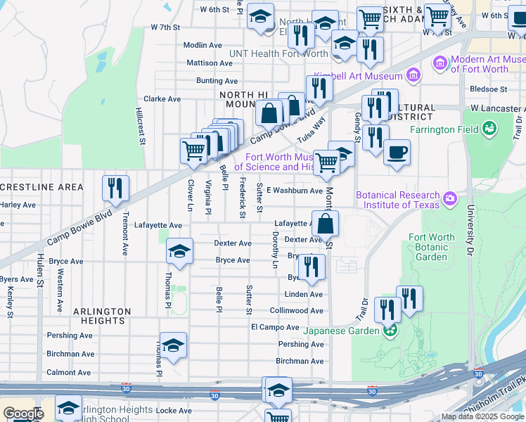 map of restaurants, bars, coffee shops, grocery stores, and more near 3813 Harley Avenue in Fort Worth