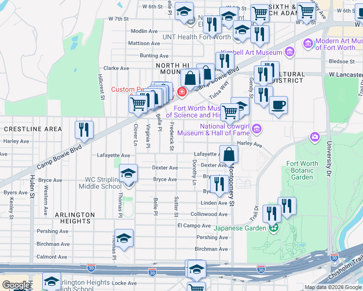 map of restaurants, bars, coffee shops, grocery stores, and more near 3813 Harley Avenue in Fort Worth
