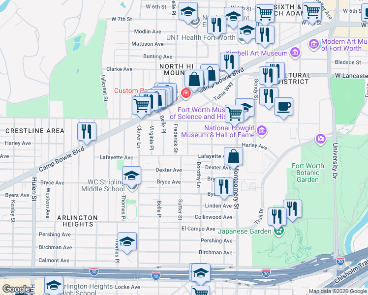 map of restaurants, bars, coffee shops, grocery stores, and more near 3813 Harley Avenue in Fort Worth
