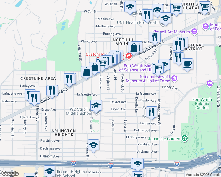 map of restaurants, bars, coffee shops, grocery stores, and more near 1813 Virginia Place in Fort Worth