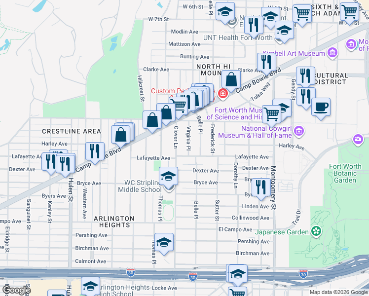 map of restaurants, bars, coffee shops, grocery stores, and more near 1810 Clover Lane in Fort Worth