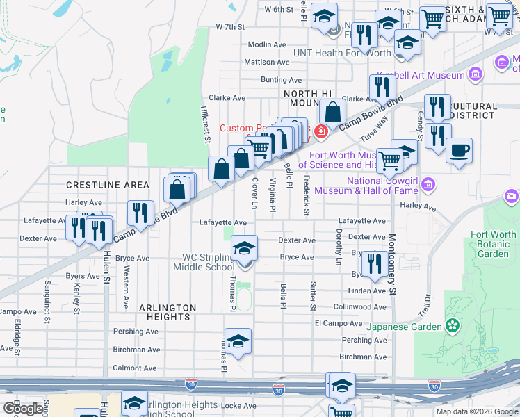map of restaurants, bars, coffee shops, grocery stores, and more near 1810 Clover Lane in Fort Worth