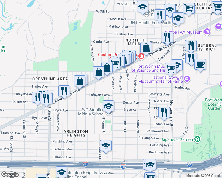 map of restaurants, bars, coffee shops, grocery stores, and more near 1810 Clover Lane in Fort Worth