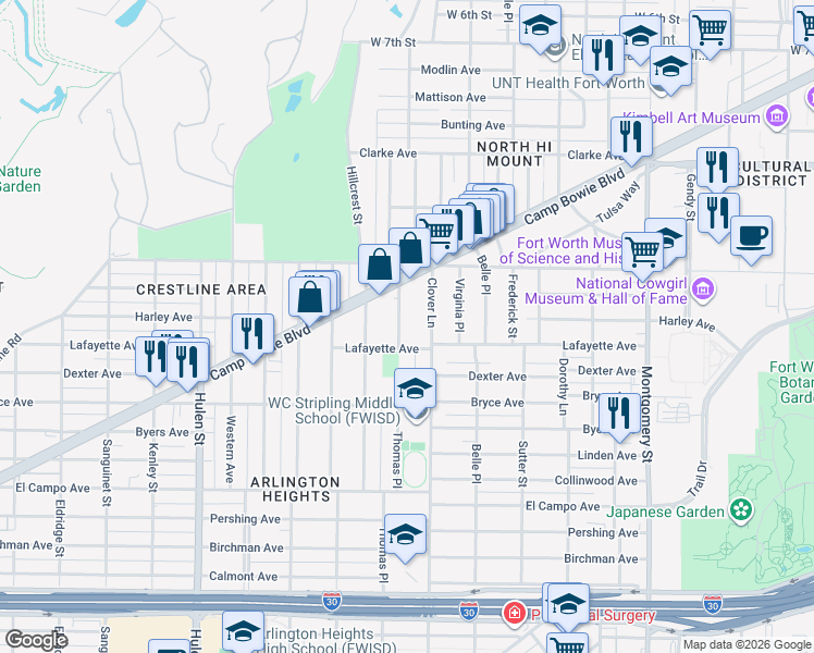 map of restaurants, bars, coffee shops, grocery stores, and more near 1808 Thomas Place in Fort Worth