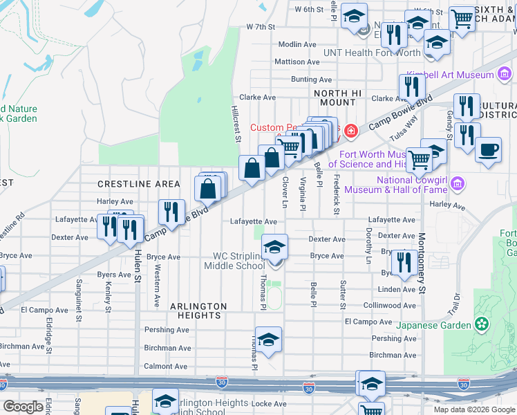 map of restaurants, bars, coffee shops, grocery stores, and more near 1808 Thomas Place in Fort Worth