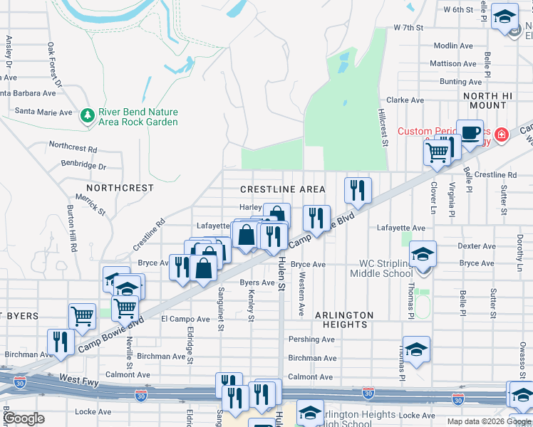 map of restaurants, bars, coffee shops, grocery stores, and more near 4629 Harley Avenue in Fort Worth