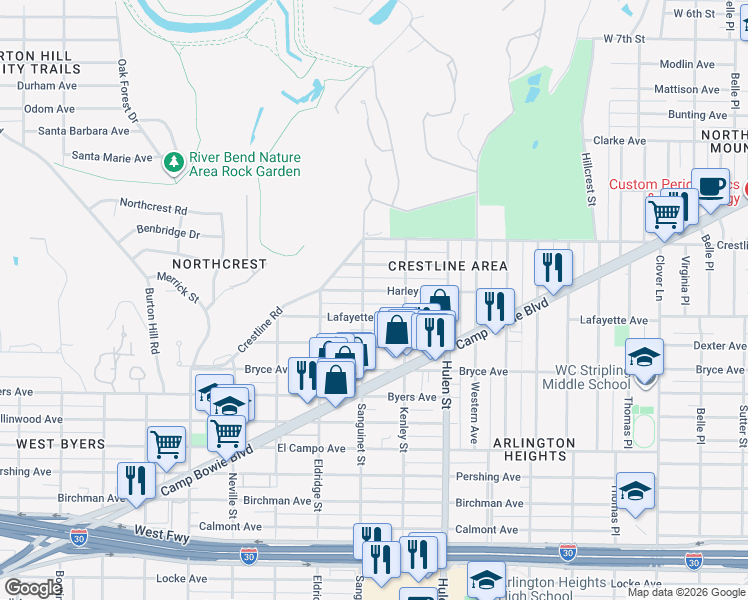 map of restaurants, bars, coffee shops, grocery stores, and more near 4721 Harley Avenue in Fort Worth