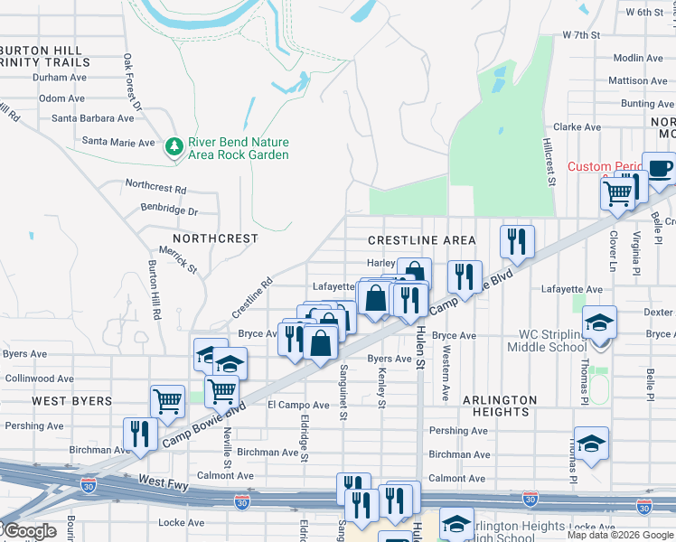map of restaurants, bars, coffee shops, grocery stores, and more near 4813 Harley Avenue in Fort Worth