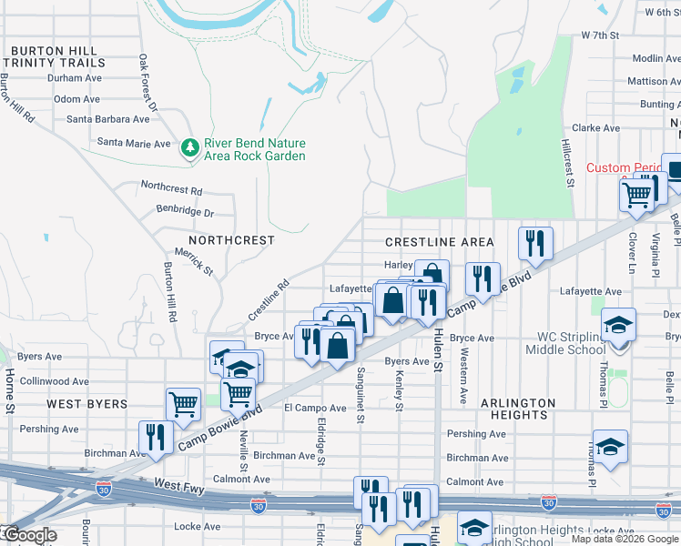 map of restaurants, bars, coffee shops, grocery stores, and more near 4813 Harley Avenue in Fort Worth