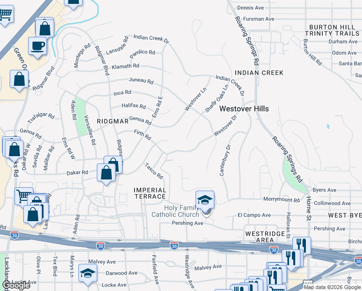 map of restaurants, bars, coffee shops, grocery stores, and more near 1520 Shady Oaks Lane in Fort Worth
