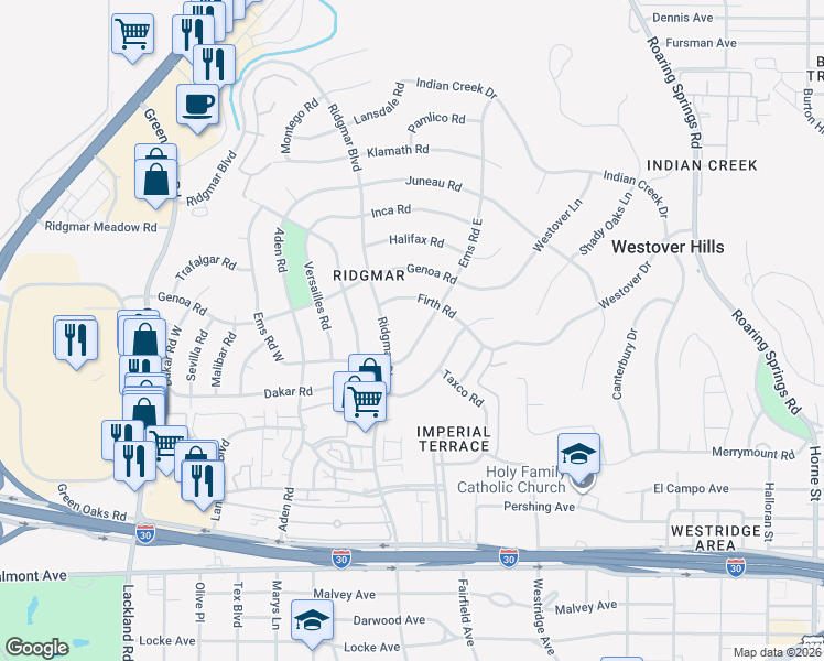 map of restaurants, bars, coffee shops, grocery stores, and more near 1812 Ems Road East in Fort Worth