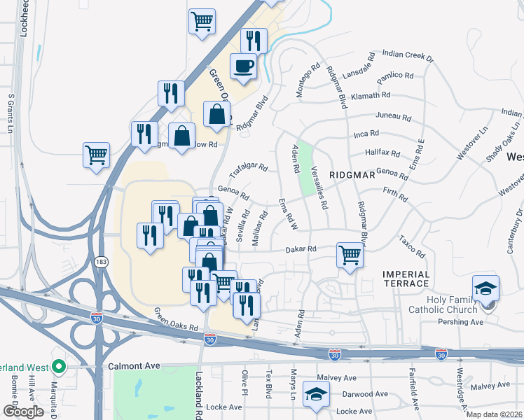 map of restaurants, bars, coffee shops, grocery stores, and more near 1704 Malibar Road in Fort Worth