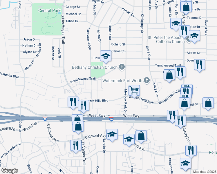 map of restaurants, bars, coffee shops, grocery stores, and more near 8201 Tumbleweed Trail in White Settlement
