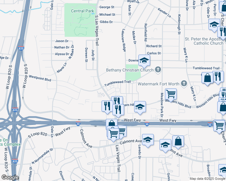 map of restaurants, bars, coffee shops, grocery stores, and more near 8514 Westlake Drive in White Settlement