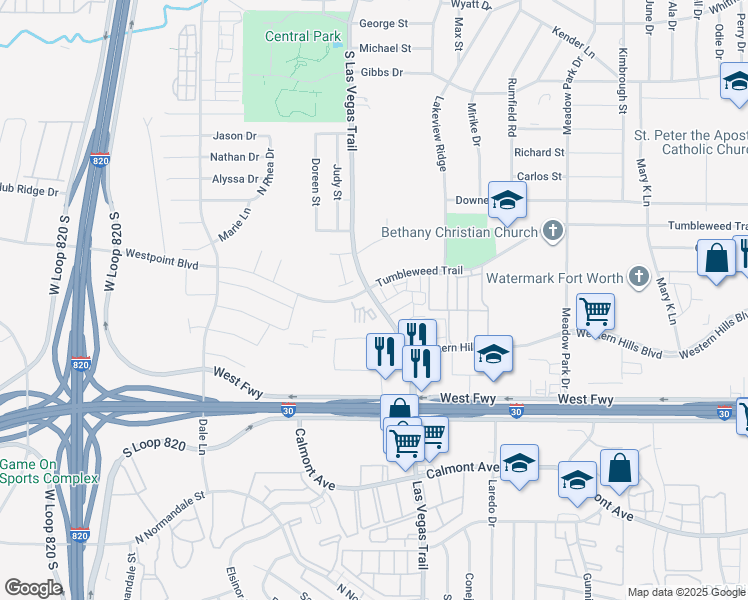 map of restaurants, bars, coffee shops, grocery stores, and more near 1714 South Las Vegas Trail in White Settlement