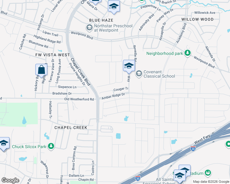 map of restaurants, bars, coffee shops, grocery stores, and more near 10101 Cougar Tr in Fort Worth
