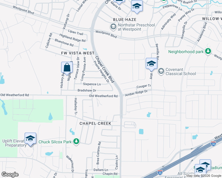 map of restaurants, bars, coffee shops, grocery stores, and more near 2021 Prairie Heights Drive in Fort Worth