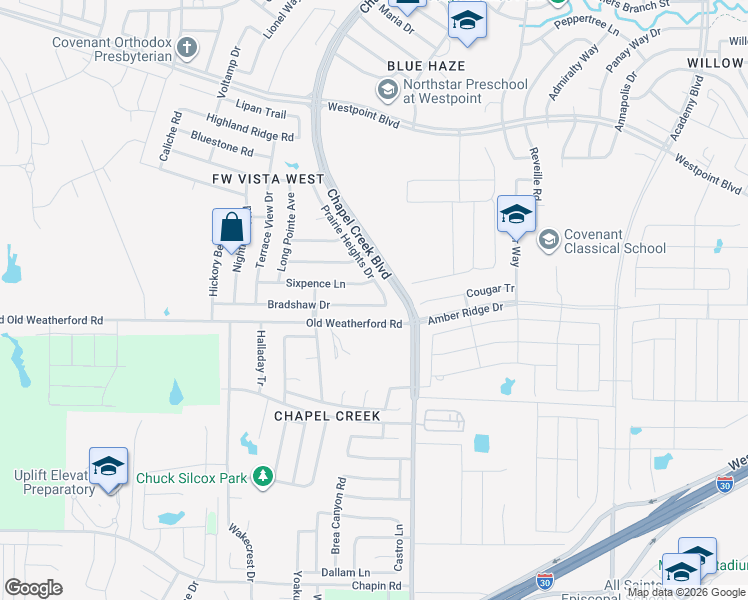 map of restaurants, bars, coffee shops, grocery stores, and more near 10312 Bradshaw Drive in Fort Worth