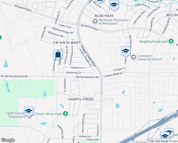 map of restaurants, bars, coffee shops, grocery stores, and more near 10312 Bradshaw Drive in Fort Worth