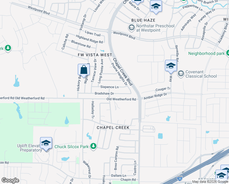map of restaurants, bars, coffee shops, grocery stores, and more near 10360 Bradshaw Drive in Fort Worth