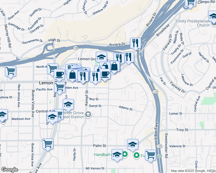 map of restaurants, bars, coffee shops, grocery stores, and more near 8186 Golden Avenue in Lemon Grove